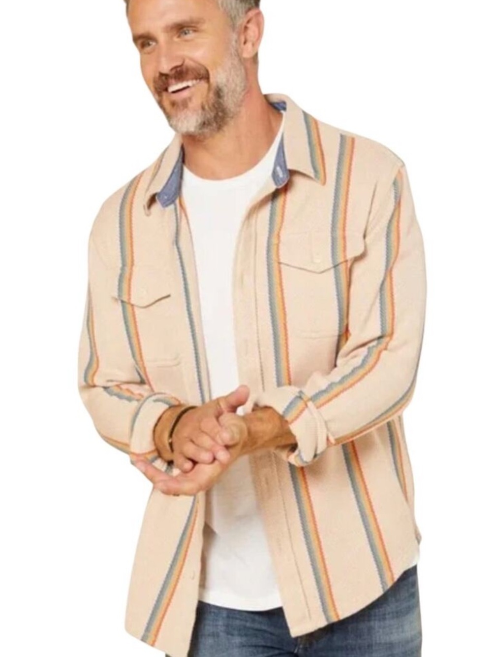 Outerknown Blanket Shirt Wheat Rainbow Stripe Cream Button Down